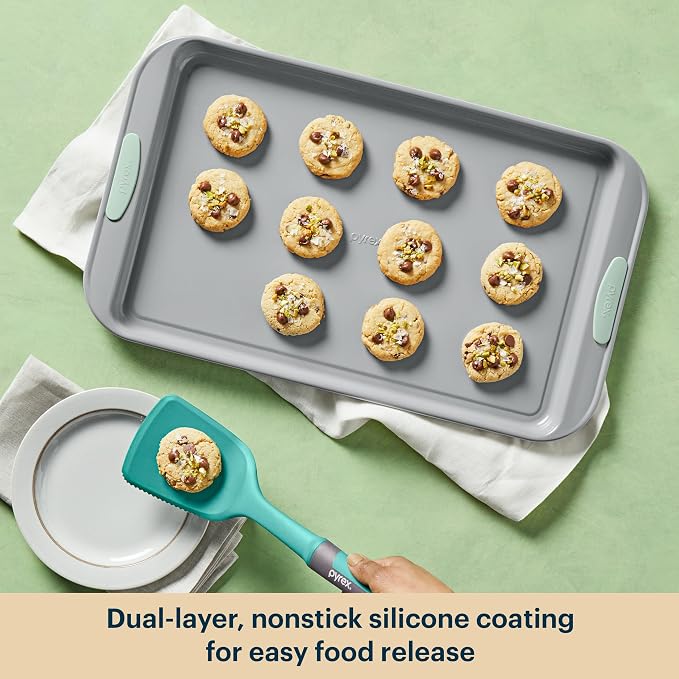 Pyrex 3-Piece Metal Cookie Sheet Bakeware Set, Lightweight Stainless Steel Baking Trays with Heatsafe Silicone Handles, Cookie Sheet Baking Pan, Sage