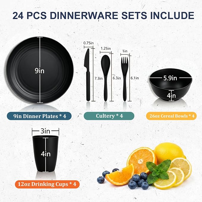 Plates and Bowls Sets for 4, Unbreakable Wheat Straw Dinnerware Sets 24 Piece, Microwave Safe Plates, Bowls and Cups Set, Dish Set for Camping, RV, Kitchen Essentials for New Apartment - Black