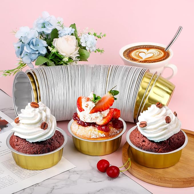 Beasea Disposable Aluminum Ramekins, 8oz 200 Pack Ramekins Foil Baking Cups 3.9" Ramekin Cup Cupcake Aluminum Mini Baking Cups for Party - Golden