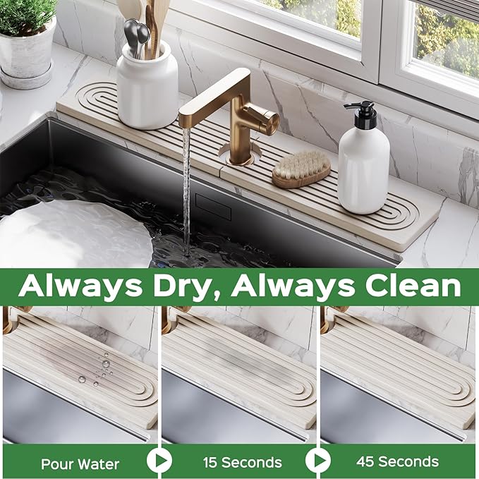 23.6 Inch Stone Faucet Mat for Kitchen Sink Splash Guard - Diatomite Quick Dry Stone Mat Kitchen Sink Protectors, Water-Absorbent Faucet Handle Drip Tray(White, 23.6" x 3.9")
