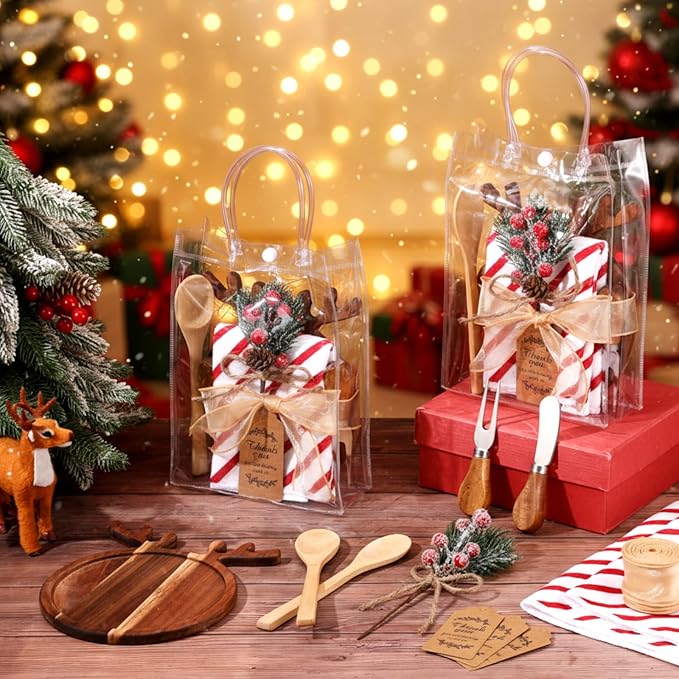 Potchen 6 Set Christmas Kitchen Gifts Wood Cheese Board Fork Spoon Butter Spreaders Dish Cloth Thank You Card Ribbon and Gift Bags for Merry Christmas Cooking Serving Xmas Utensils Gifts (Reindeer)