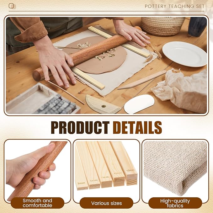 Baderke 20 Pcs Pottery Teaching Set, Includes 1 Wooden Rolling Pin, 10 Pottery Teaching Rolling Mud Stick Guide, 8 Clay Sculpting Tools, 1 Special Linen for Ceramic Clay Making