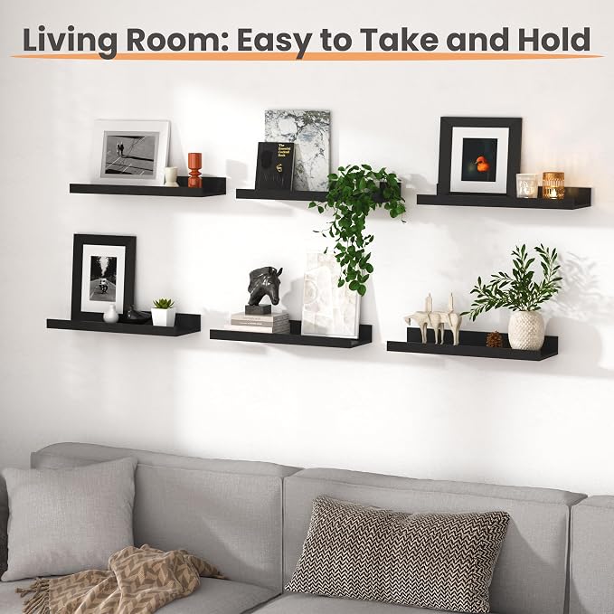 upsimples Floating Shelves for Wall, Wall Shelves for Decor Storage Set of 6, Wall Mounted Wood Shelf for Bedroom, Living Room, Bathroom, Kitchen, Picture Ledge Shelf, Black