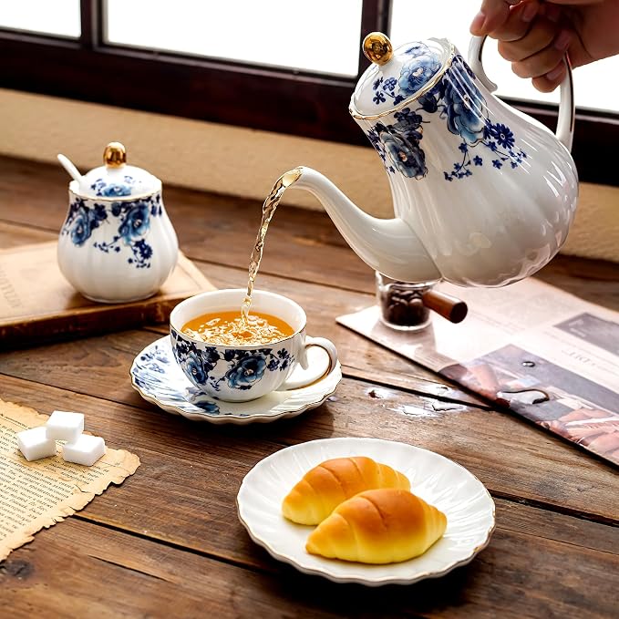 Agyiuns ceramic tea cup and saucer set of 4,floral teacup sets for Coffee, Latte, Cafe Mocha and Tea (Dark blue flowers)