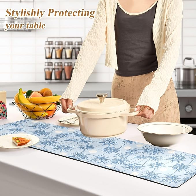 2 in 1 Table Runner Trivet for Hot Pots and Pans Heat Resistant Non Slip Waterproof 39 x 12 Inch Decorative Table Protector for Kitchen Countertop Light Blue Palm Trees and Sun