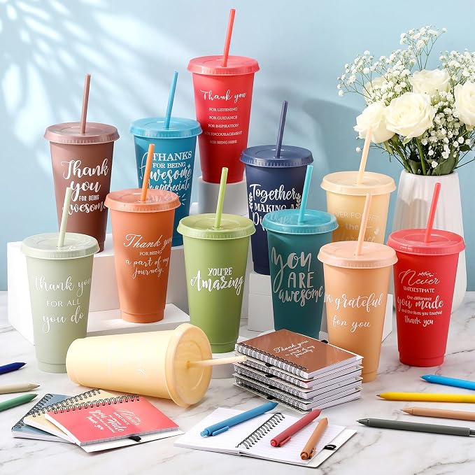 Shellwei 36 Pcs Employee Appreciation Gifts Bulk 24 oz Thank You Tumbler with Lid and Straw Mini Spiral Notebooks and Pens Appreciation Gifts for Team Employee Coworkers Teacher (Different)