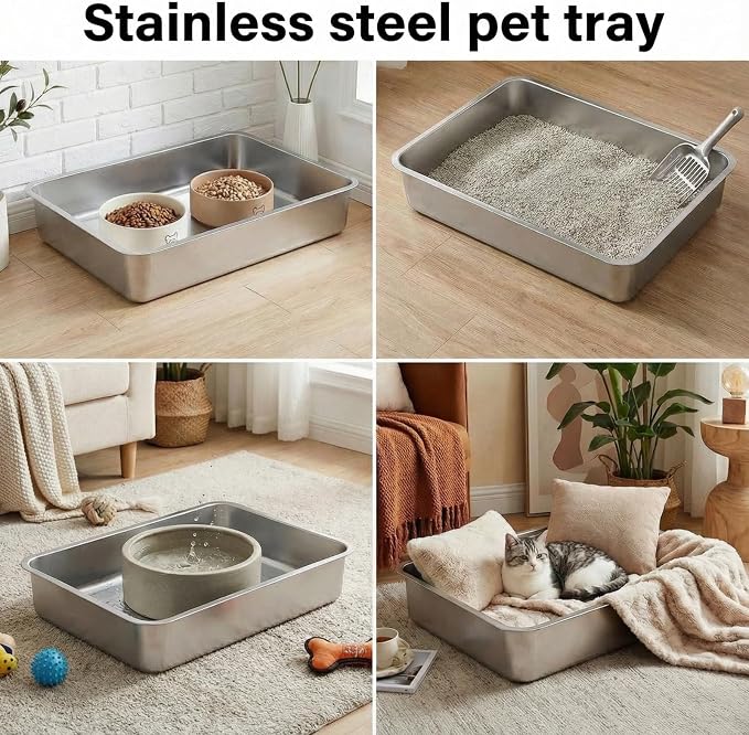 Suclain 2 Pack Stainless Steel Boot Trays for Entryway Under Sink Mat Tray Litter Box for Kitchen Cats Cabin Bathroom Office Storage Decoration, 20 x 14 x 4 in, Non-Slip Rubber Feet(20 x 14 x 4 Inch)
