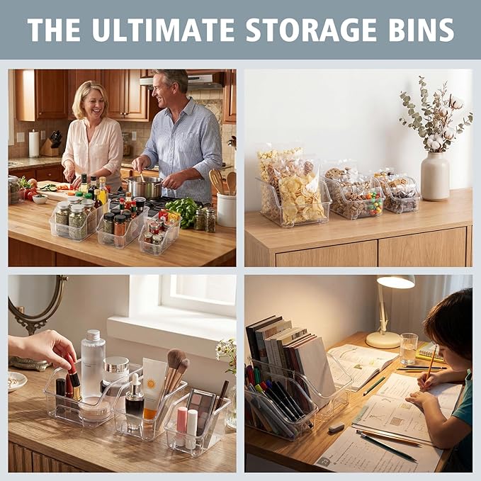 LemonRoad 12 Packs Clear Freezer Organizer Bins with Handle Pantry Vegetable Organizers and Storage Stackable Open Front Fridge Storage Egg Salad Containers for Kitchen Refrigerator Cabinet Closet