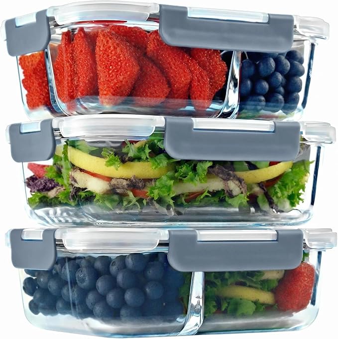 Glass Food Storage Containers with Lids, 1, 2 & 3 Compartment Meal Prep Set, 35 oz, Leakproof, BPA-Free, Oven & Freezer Safe, 6 Piece