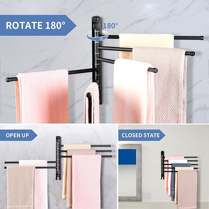 Swivel Towel Rack, 12.6 Inch Towel Bar with Wall Mounted 180° Rotation, 5 Arms Towel Hanger SUS 304 Stainless Steel, Space Saving for Kitchen, Bathroom, Outdoor, Matte Black