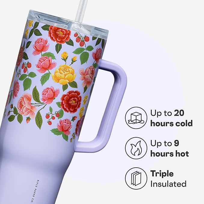 Corkcicle x Rifle Paper Co. Cruiser Insulated Tumbler with Handle & Straw - Keeps Drinks Cold 20 Hours - BPA-Free - Gift for Mom - Great for Mother's Day or Christmas - 40 oz - Roses Purple