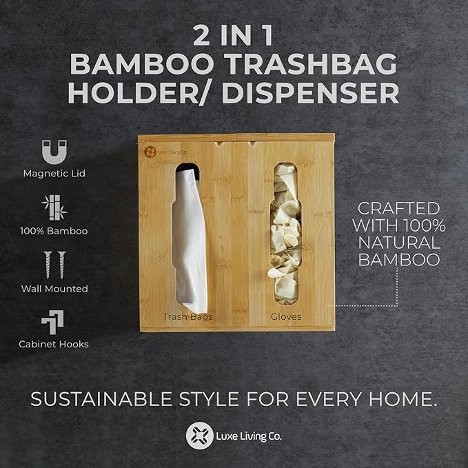 2-in-1 Bamboo Plastic Bag Holder and Trash Dispenser – Small/Compact (Standard Trash Bags Only), Cabinet, Under Sink Storage, Pantry & Laundry Room Organization, Kitchen Must Haves 2026