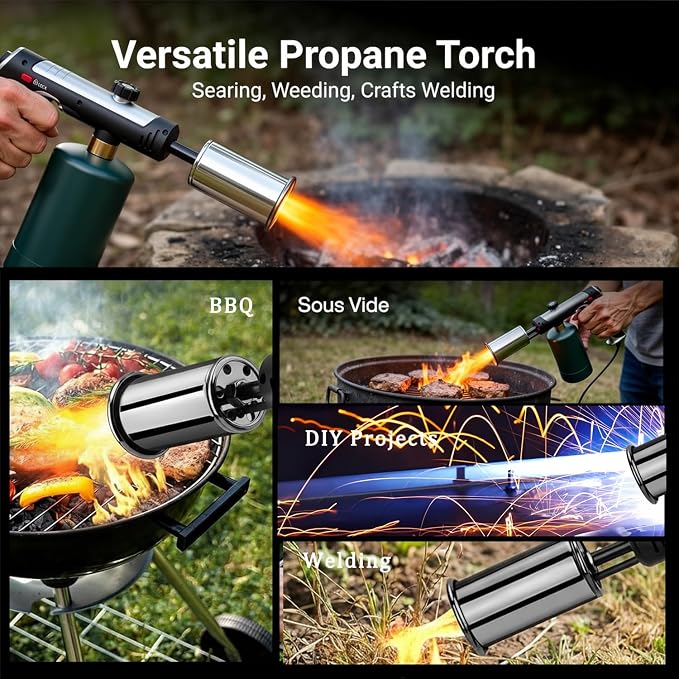 Propane Torch Gun, High-Heat Blow Torch with One-Touch Max Fire & Safety Lock, Adjustable Cooking Torch for Sous Vide, BBQ Grilling, Charcoal, Fireplace, DIY Projects (Tank Not Included)
