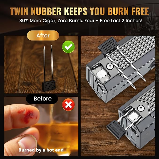 6-in-1 Torch Lighter with Twin Nubber, Auto-Pop V-Shape Clipper, Draw Enhancer, Holder and Punch, Refillable & Adjustable Windproof Butane Lighter, Premium Gift Box for Men & Travel Essential
