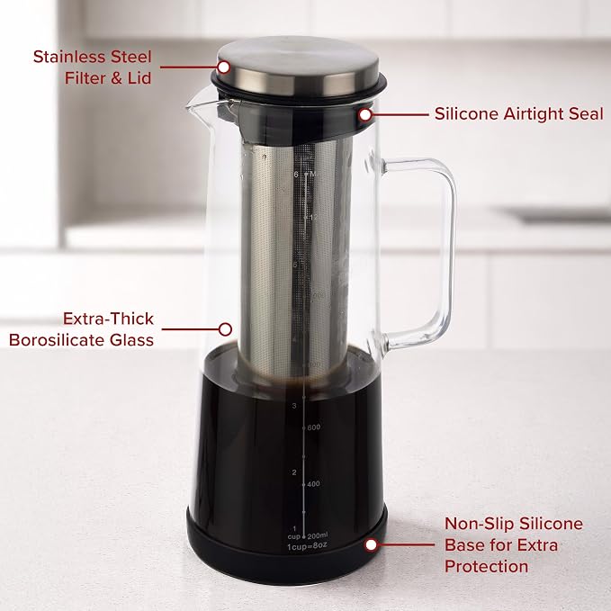 Cold Brew Coffee Maker Pitcher - 1.4L/48oz Glass Carafe with Lid and Spout and Removable Stainless Steel Filter - Cold Brew Maker and Iced Tea Pitcher for Fridge by Classic Cuisine