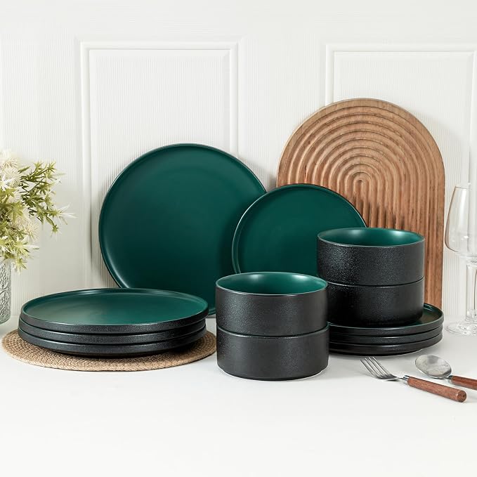 Stoneware Cereal and Soup Bowls Set of 4, 6 Inch Matte Glaze Ceramic Bowls for Breakfast & Oatmeal, Microwave and Dishwasher Safe, Matte Green