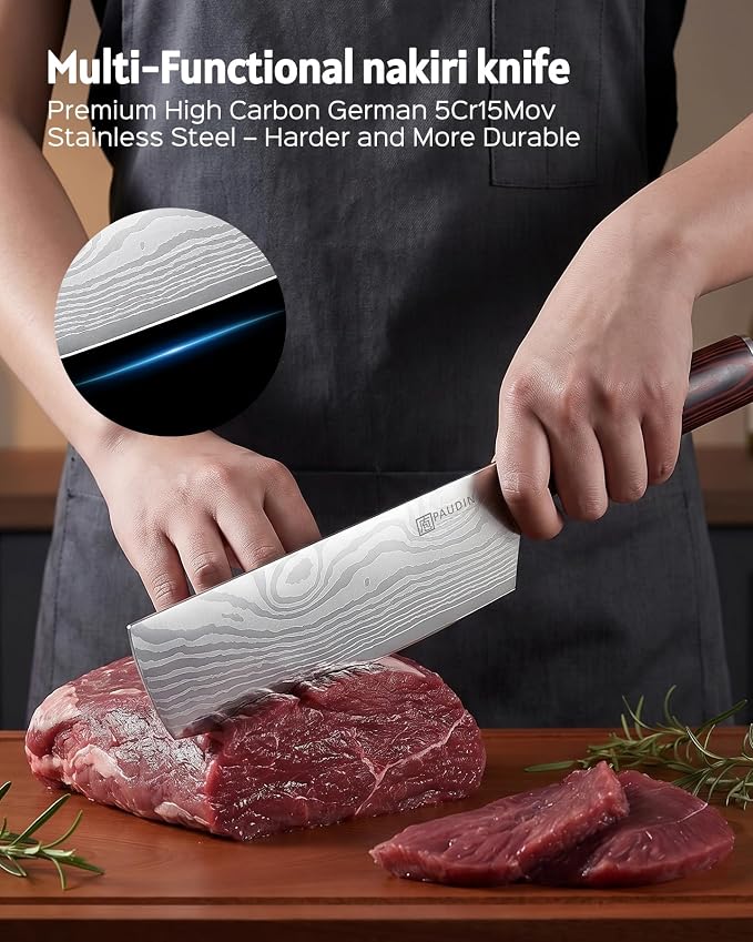 PAUDIN Nakiri Knife - 7" Razor Sharp Meat Cleaver and Vegetable Kitchen Knife, High Carbon Stainless Steel, Multipurpose Asian Chef Knife for Home and Kitchen with Ergonomic Handle