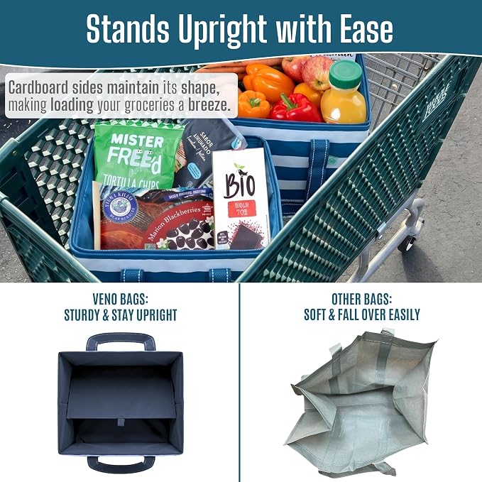 VENO 3 Pack Reusable Grocery Bags, Shopping Bags for groceries, Utility Tote with Handles and Hard Bottom, Foldable Shopping Cart Organizer, Heavy-Duty (Classic Navy, 6 Gallon-3 Pack)