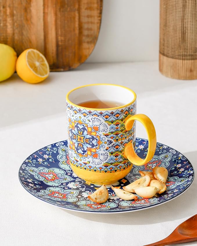 HENXFEN LEAD Boho Ceramic Coffee Mugs Set of 6, 14 oz Colorful Cups for Tea, Latte & Hot Chocolate – Microwave & Dishwasher Safe