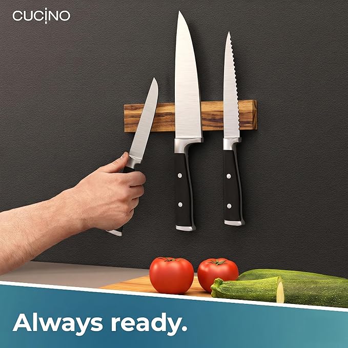 CUCINO Magnetic Knife Holder for wall, 10" no drilling required, includes self-adhesive tape, extra strong for holding knives – Awarded magnet strip – Acacia