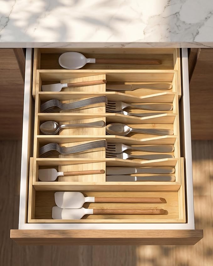 Expandable Silverware Organizer, Utensil Drawer Organizer & Cutlery Tray Dividers for Spoons Forks Knives (12 Slot,Natural Bamboo), 16.73”x12.91”x1.97 “