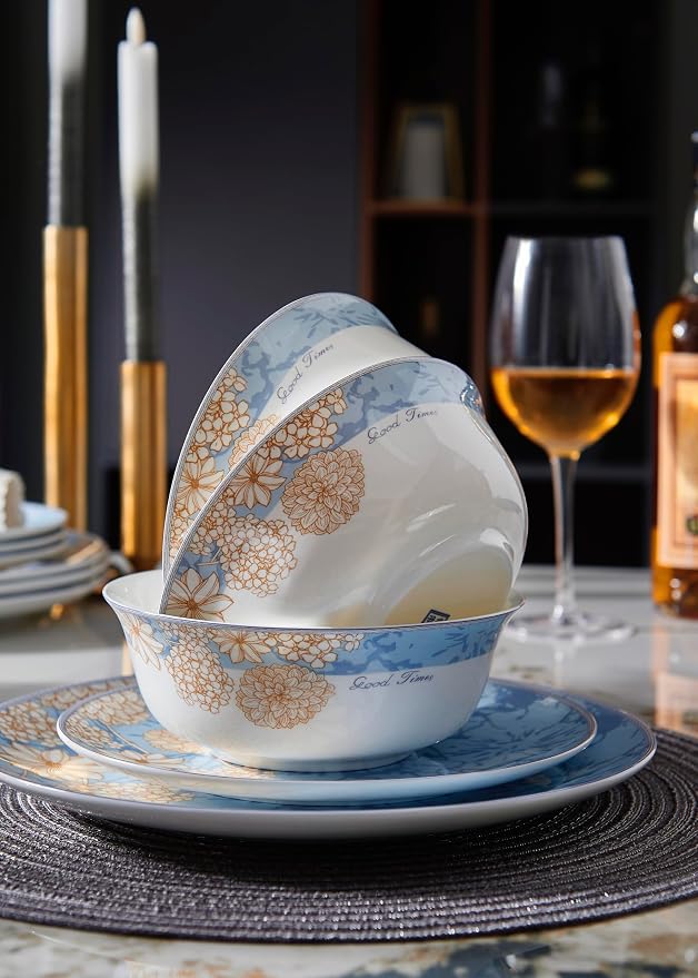FHGNYSM High Bone China Dinnerware Set, 12-Piece Artistic Blue Plates and Bowls, Lightweight & Chip Resistant Ceramic Service for 4, Dishwasher Safe Elegant Kitchen Dining