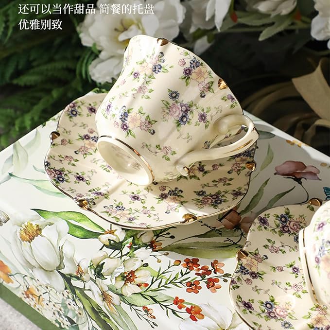 TATSUMI Country Roses Bone China Tea Cup and Saucer Set, 3 Pieces, Vintage Style, For Women and Tea Parties(yellow,1 Set)