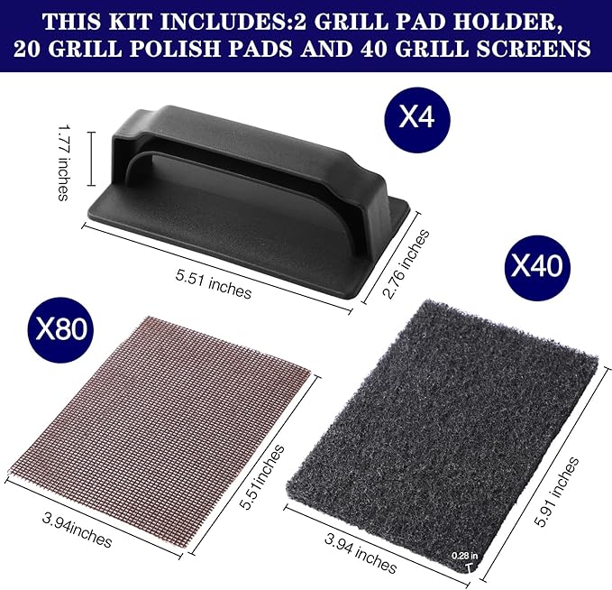 Reallnaive 124 Pcs Griddle Cleaning Kit Screen Holder Grill Screens Cleaning Pads Heavy Duty Abrasive Mesh Pads for Flat Tops, Cast Iron, Stainless Steel Griddle Cleaner Accessories Bundle (Black)