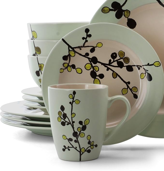 Elama RETROBLOOM Retro Bloom 16 Piece Luxurious Stoneware Dinnerware with Complete Setting for 4, 16pc, Green