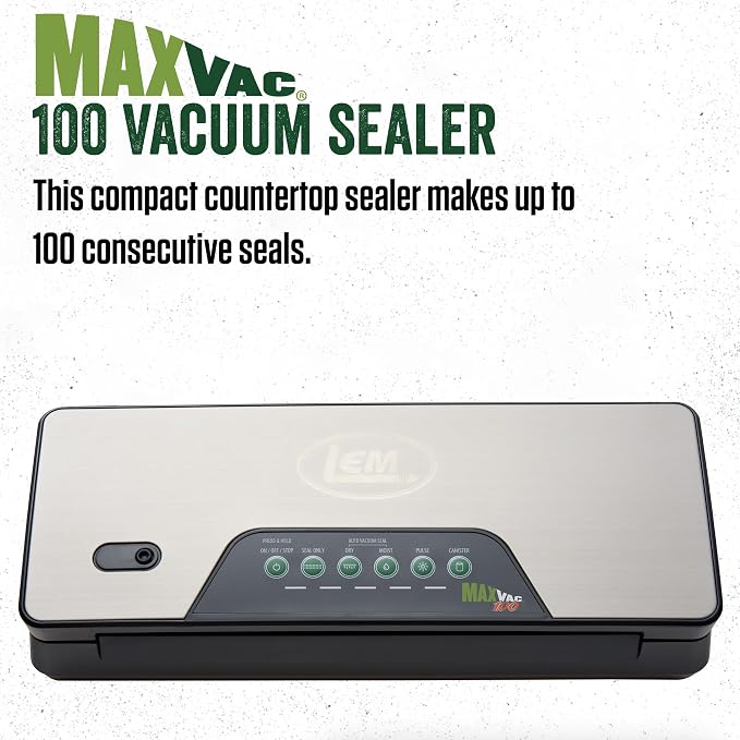 LEM Products MaxVac 100 Vacuum Sealer Machine, Compact Food Vacuum Sealer for Freezer Storage, Includes Bag Roll Holder, Bag Roll