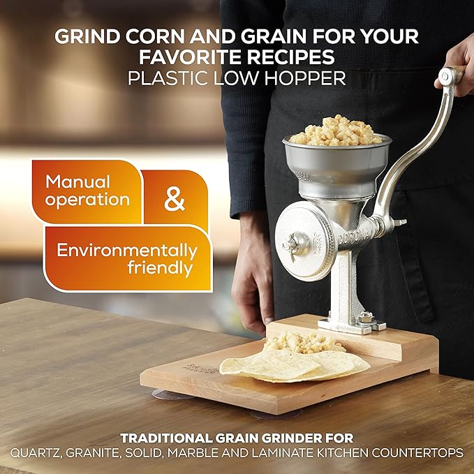 Corona Cast Iron Grain Mill with Wooden Table, Manual Grinder with Table For Corn, Rice, Lentils, Chickpeas, Cast Iron Grinder For Domestic Use