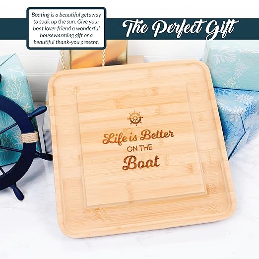 Pavilion - Life Is Better On The Boat - Square Cheese Board & Knife Set with Hidden Drawer, Charcuterie Board, Bread Board, 1 Count - Pack of 5, 13 x 13 x 1.25-Inches