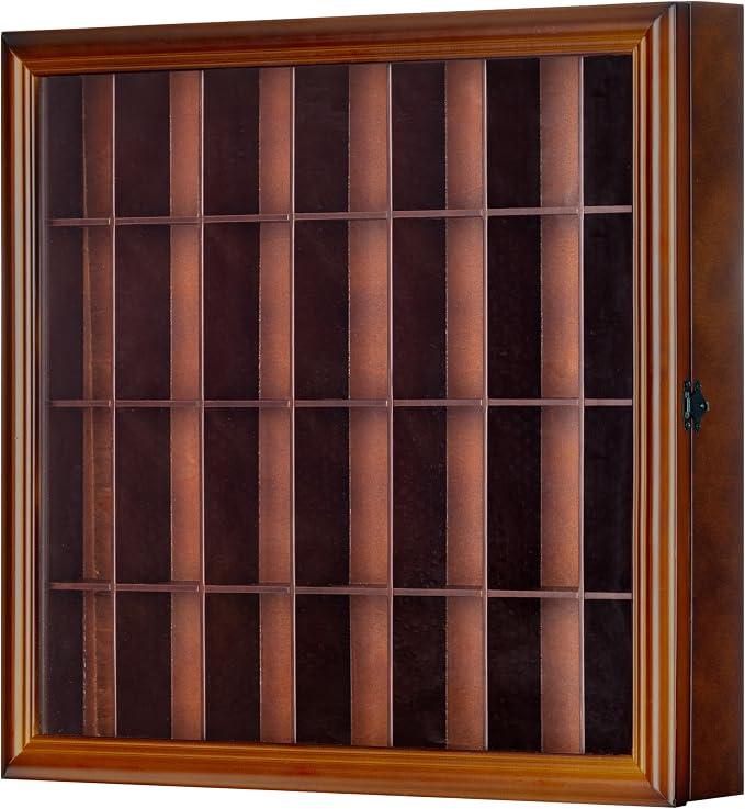 Gallery Solutions - 18x16 Shot Glass Collection - Walnut Collectable Display Case - Hinged Front - 28 Display Slots for Shot Glasses - Bar, Home, Office Accessories