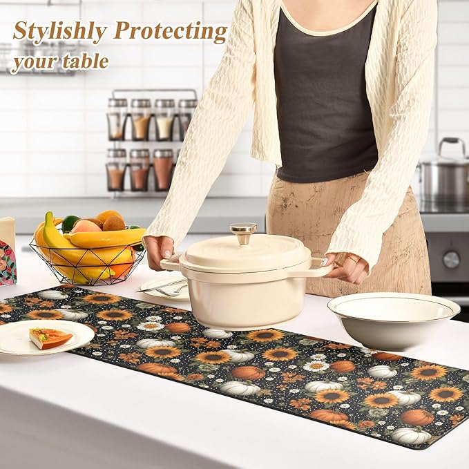 2 in 1 Table Runner Trivet for Hot Pots and Pans Heat Resistant Non Slip Waterproof 39 x 12 Inch Decorative Table Protector for Kitchen Countertop Black Dotty Pumpkins Sunflowers Daisy