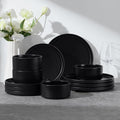 E-far 12-Piece Plates and Bowls Sets, Stoneware Dinnerware Dishes Sets for 4, Kitchen Modern Dining Dishware, Chip & Scratch Resistant, Microwave & Dishwasher Safe, Matte Black