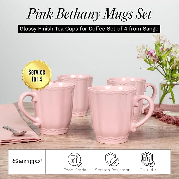 SANGO Bethany Pink Mugs Set of 4, 15 oz Stoneware Pink Coffee Mugs, Vibrant Ceramic Drinkware for Coffee, Tea or Cocoa, Durable Everyday Cups, Dishwasher & Microwave Safe, Kitchen Mug Set