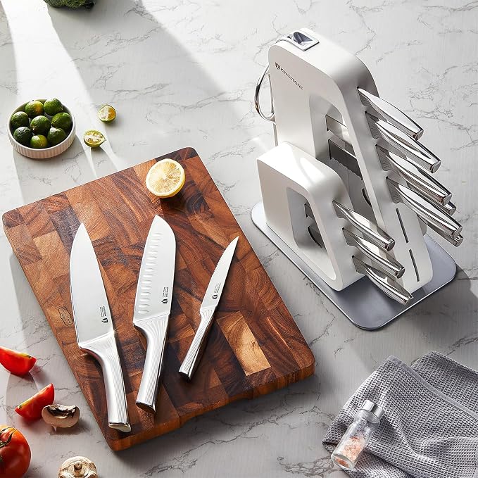 KINGSTONE Kitchen Knife Set with Block,14 Pcs German Stainless Steel Knife Set with Built-in Sharpener, Dishwasher Safe Knife Block Set (White, 14pcs)