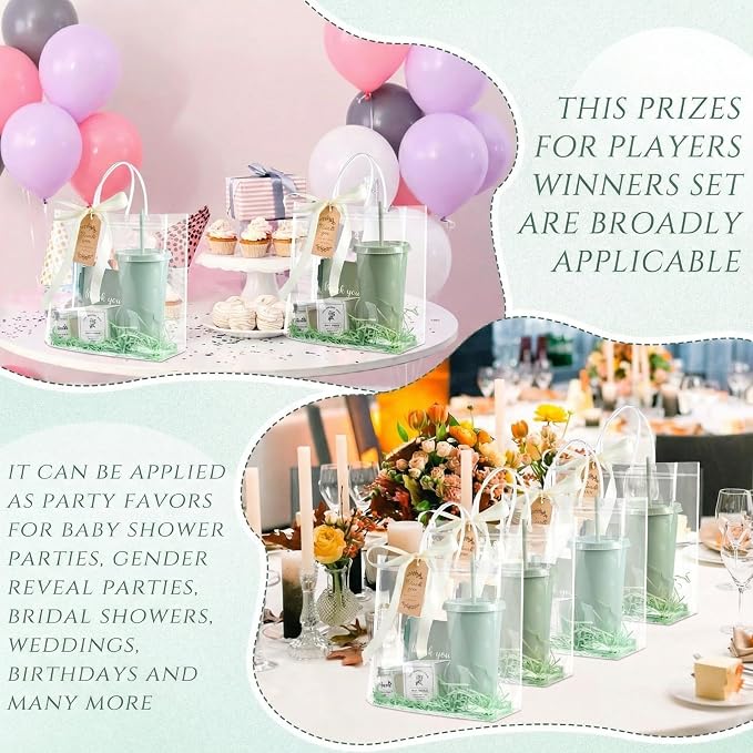 Nuogo 6 Sets New Parent Shower Prizes for Player Winners Adult, Wedding Bridal Shower Gift, Plastic Tumbler Notebook Scented Candle Ballpoint Pen Bag (Gradient Green,Classic Style)