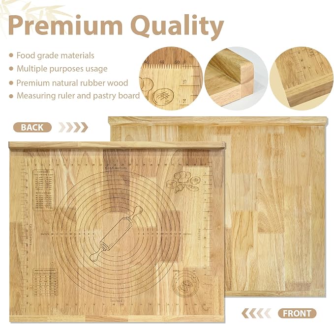 Wooden Pastry Board with Measurement 24'' x 20" Reversible Kneading Board with Side Lip and Engraved Ruler Bread Cutting Boards for Rolling Dough Baking Counter Top Kitchen (Natural)