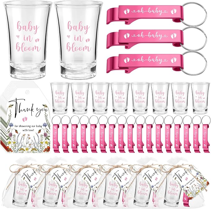 50 Sets Baby Shower Favor for Guests Acrylic Shot Glasses with Bottle Opener Keychains Thank You Tags and Bags Gender Reveal Party Favors for Guest Baby Shower Return Gift(Bloom)