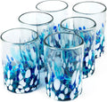 15 oz Hand Blown Mexican Drinking Glasses - Set of 6 tumblers, 15 fl oz each, Blue Confetti