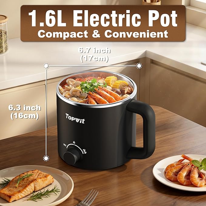 Topwit Hot Pot Electric, Electric Pot, 1.6L Ramen Cooker, Multifunctional Cooker for Pasta, Shabu-Shabu, Oatmeal, Soup and Egg with Over-Heating Protection, Boil Dry Protection, Black