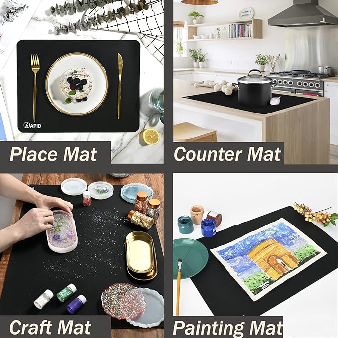 1.5MM Extra Thick Placemats Extra Large Silicone Mat 28" x 20" Heat Resistant Mat for Kitchen Countertop Protector, Washable Place Mats Silicone Mats for Kitchen Counter Mat Table Mat, Black, Sapid