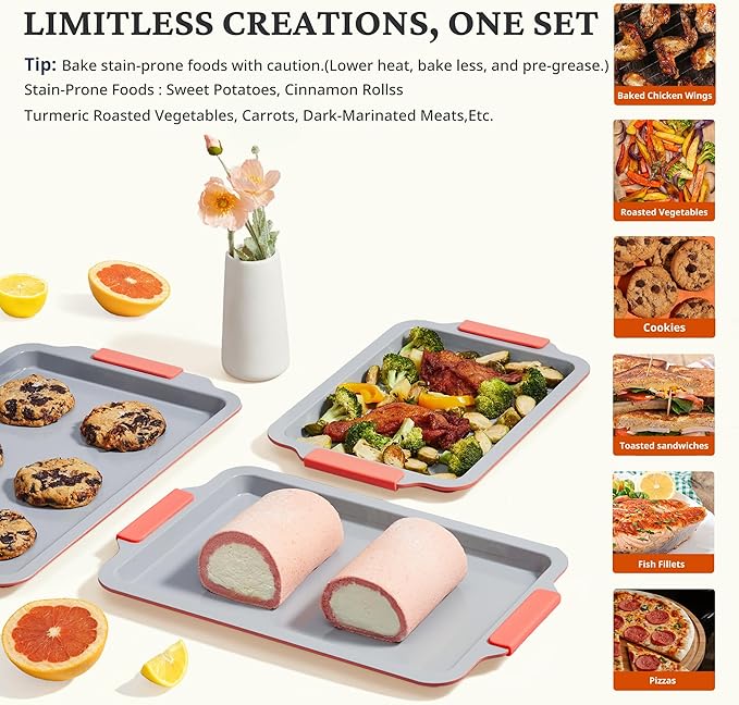BRONYPRO Non Stick Ceramic Baking Sheet Pan Set of 3, Non Toxic Cookie Sheets (PFAS/PFOA/PTFE Free), Aluminized Steel Oven Trays with Silicone Handles, Rust-Resistant, Warp-Resistant to 500°F, Coral