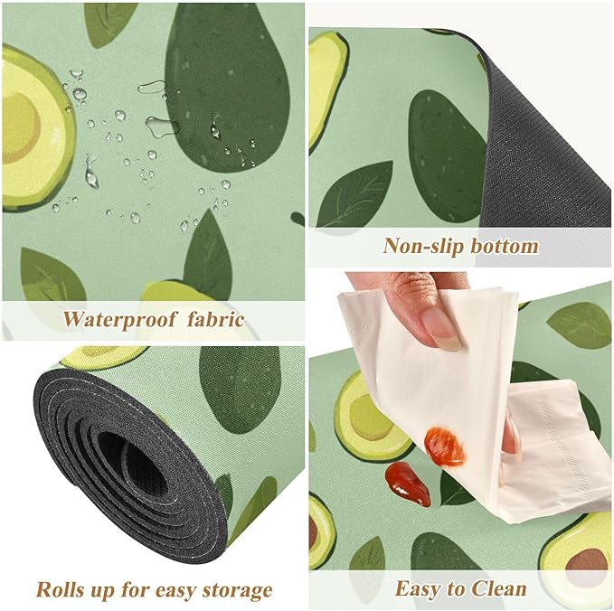 2-in-1 Table Runner Trivet for Hot Dishes Heat Resistant Hot Plate Mat Pad 39x12 Inch Waterproof Table Protector Trivets for Countertop Non Slip Decorative Green Cute Avocado and Leaves