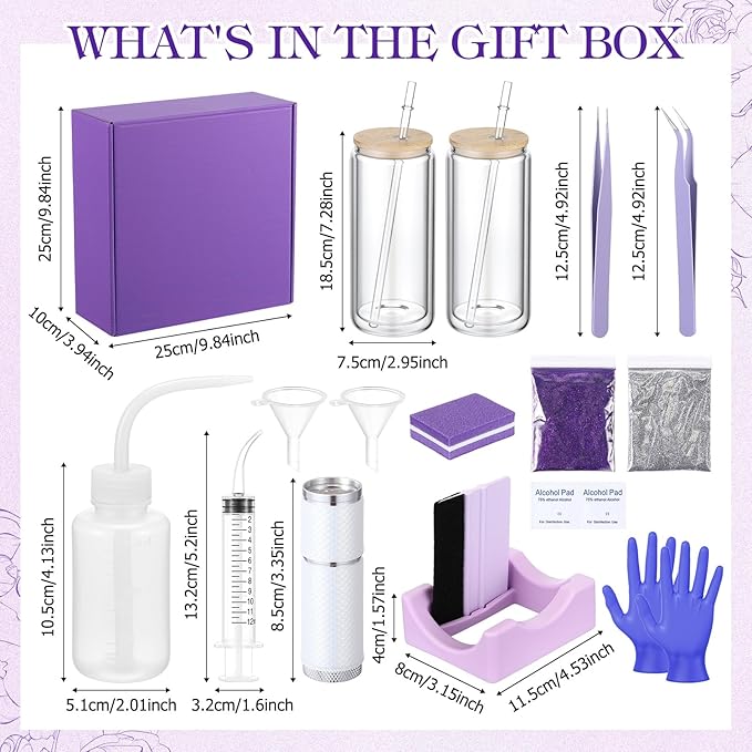Baderke 20 Pcs Snow Globe Tumbler DIY Kit 16 oz Tumbler Squeeze Bottle, Glitter, Funnel Tweezer Silicone Cup Cradle Measuring Cup Glove Flashlight Buffer for Beginner(Purple,Classic)
