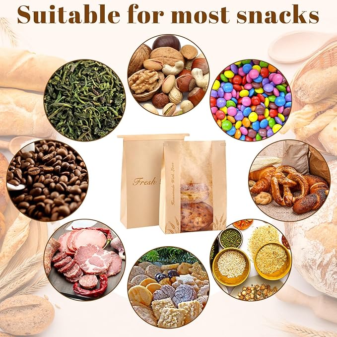 Honoson 300 Pcs Large Paper Bread Bags for Homemade Gift Giving, Sourdough Bread Bags with Window, Bakery Storage Tin Tie Tab Lock Cookie Packaging with Label Seal Stickers (Bright Style)