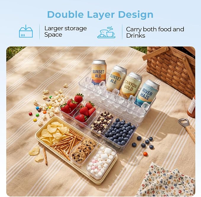 Homelove Snackle Box Container, Snack Organizer Divided Serving Tray with 2 Stainless-Steel Ice Packs, Lid with Handle, Double-layer Tray and 5-Compartment Snack Platter for Travel Party Beach Picnic