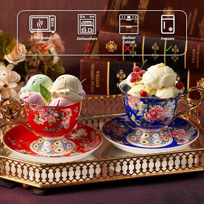 KAMMAK Tea Cups and Saucers Set of 2, Porcelain Coffee Cups, 9.8oz Stackable Espresso Mugs, Ceramic Demitasse for Coffee, Latte, Americano, Tea (635N+636N)
