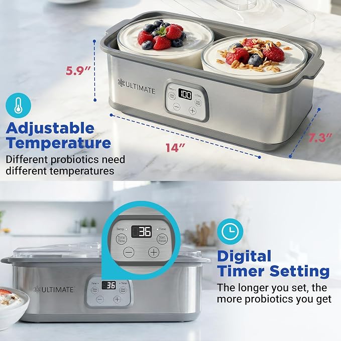 Ultimate Probiotic Yogurt Maker with Adjustable Time & Temperature Control, Make Trillions of Probiotics for Better Gut Health, Two 1-Quart Containers for Larger Batches, UNLIMITED LIFETIME WARRANTY